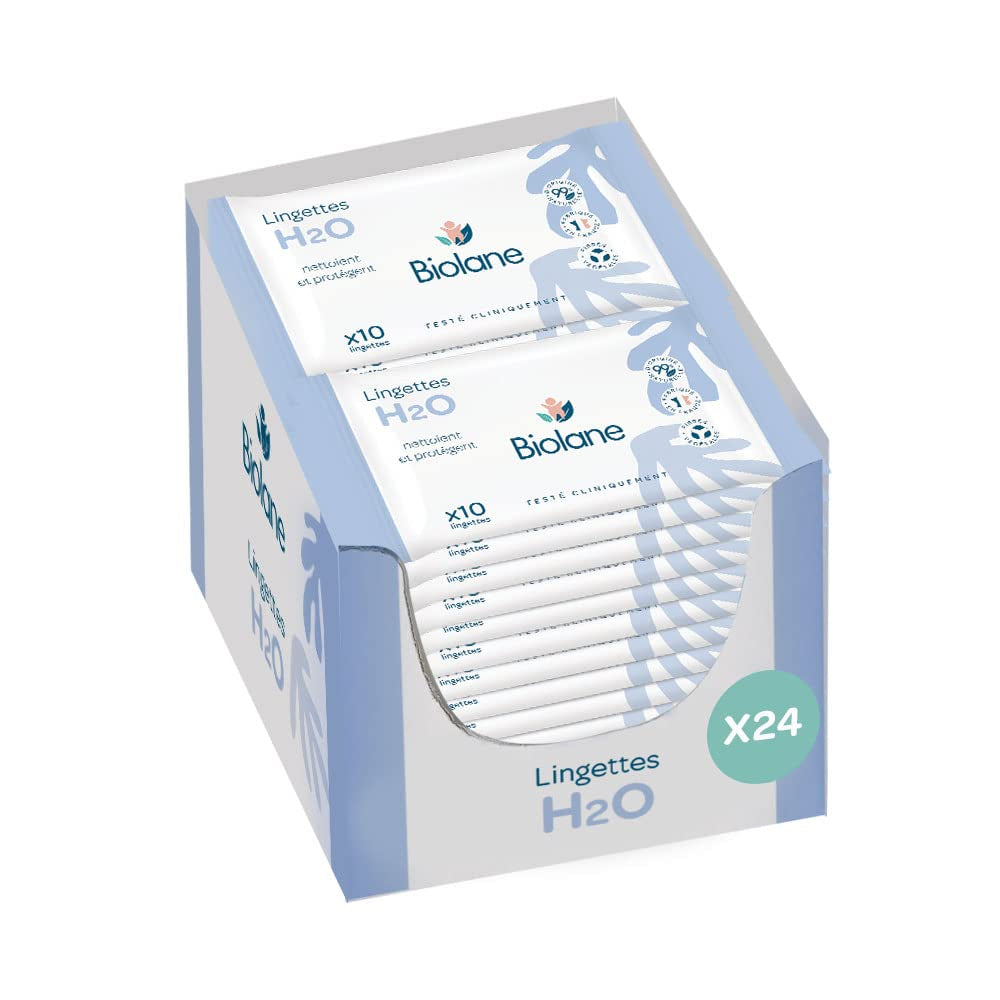 BIOLANE - Salviette umidificate per neonati H2O con acqua - Tascabili - Neonati - 24 x 10 pezzi (240 salviette) - per pelli sensibili - pulisce e protegge viso e sedile - prodotto in Francia