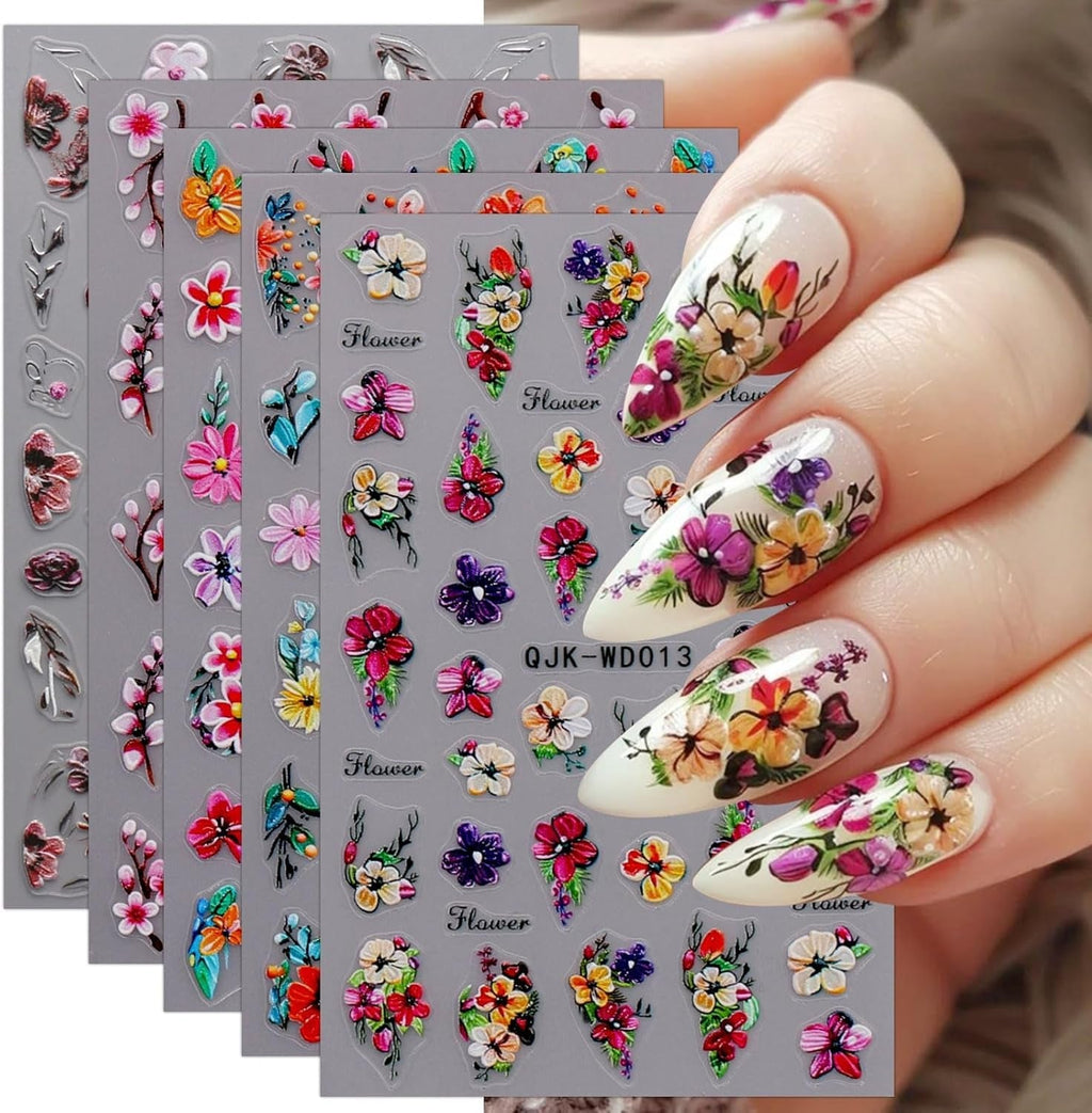 JMEOWIO Nagelsticker Blumen 6 Blatt Nail Art Sticker Selbstklebend Nagelaufkleber Sommer Blumen Dekoration Nageldesign Zubehör