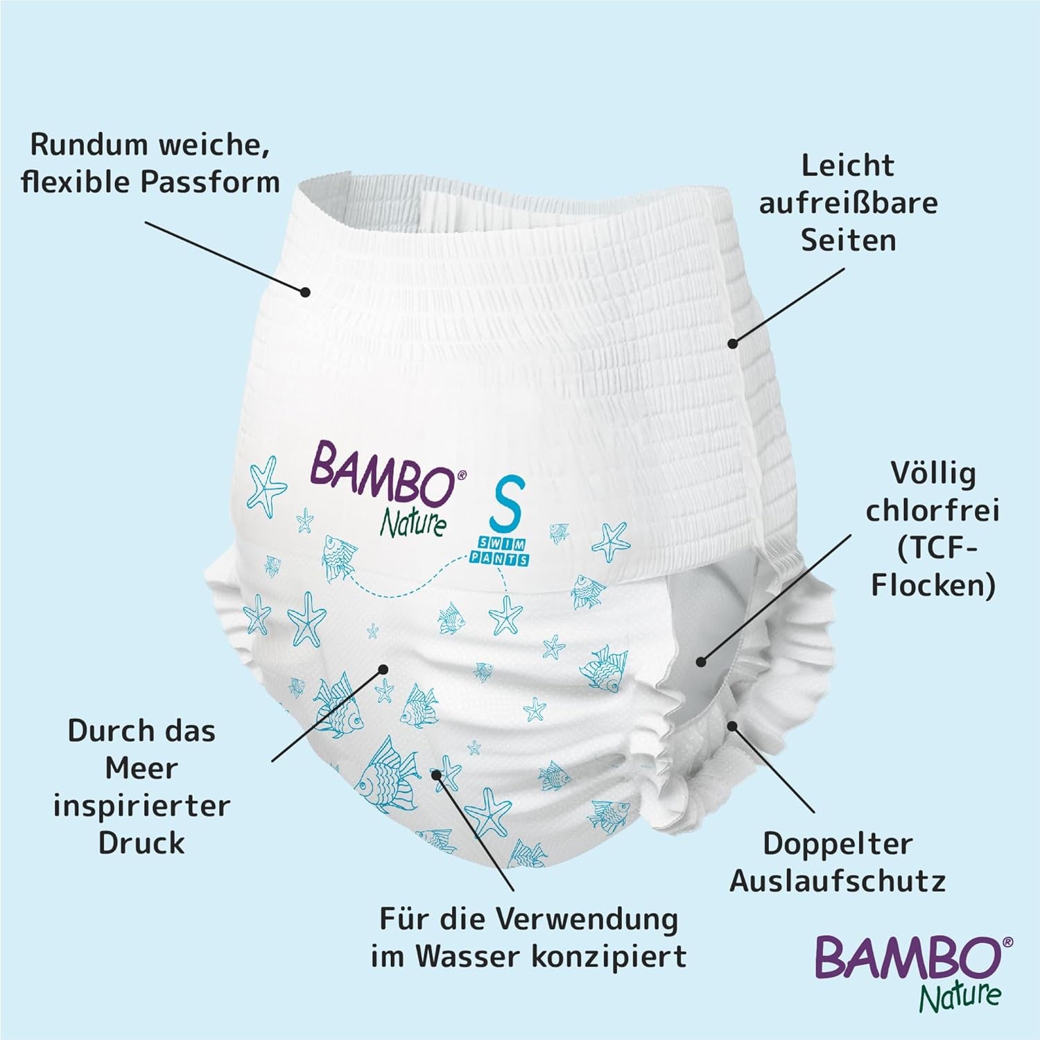 Pannolini da nuoto per bambini Bambo Nature, taglia S (7-12 kg), 12 pannolini | Pannolini da bagno usa e getta Secure Fit | Comfort impermeabile durante i giochi in acqua