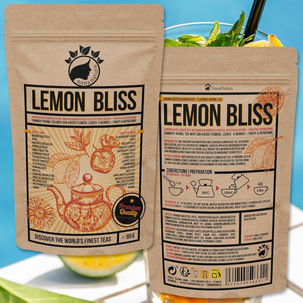 Nananatura'S Original LEMON BLISS TEA 85G | Ceai de plante de vară fructat și răcoritor | Ca ceai rece, ceai rece sau clasic fierbinte | Cu flori, frunze și fructe de pădure coapte la soare | Fără zahăr