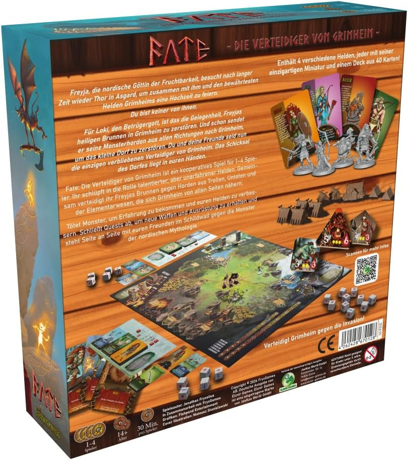 Fate: Defenders of Grimhelm, ELSNER Games, Gioco da tavolo fantasy cooperativo, Strategia di difesa della torre, 1-4 giocatori, Età 14+, Avventura epica, Eroi e magia, Gioco tattico, FryxGames