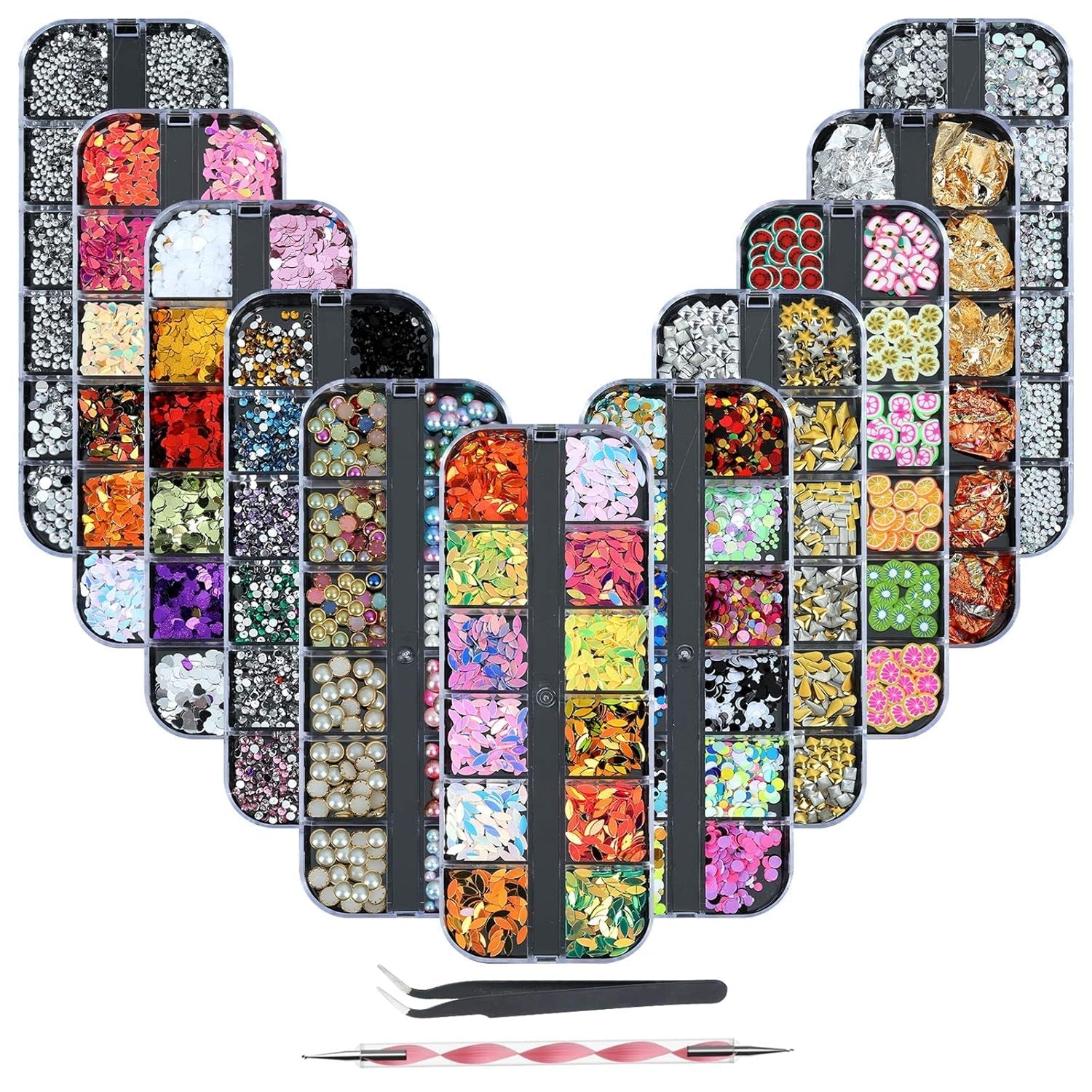 8 Boxen Nail Art Strass Kit - Nail Art Gemischt Strass Set, Nagel Kunst Strasssteine Gems Perlen Edelsteine Bunt Pferdeaugen Strass Für Nageldesign Zubehör Mit 1 Pinzetten Und 1 Strass Picker Für DIY