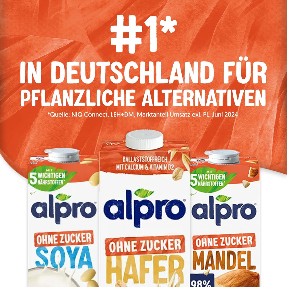 Alpro Haferdrink ohne Zucker – Milchalternative auf Haferbasis – Vegan und lactosefrei – Rich an Ballaststoffen, Calcium und Vitaminen – 8 x 1 L