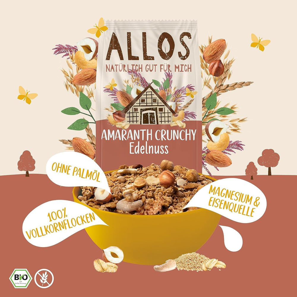Muesli croccante premium con noci e amaranto Allos | Muesli biologico | Muesli alle noci | Farina d'avena | Cereali per la colazione | Vegano | Confezione da 6 (6 x 400 g)
