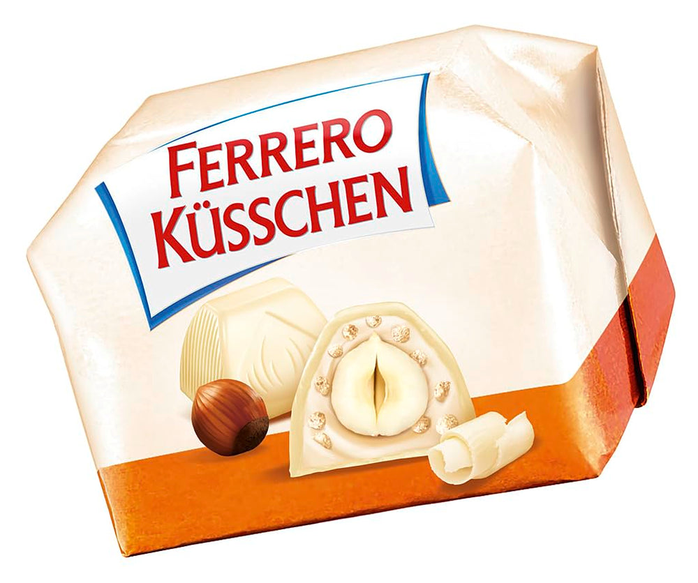 Ferrero Küsschen White Crispy - Regalo di San Valentino per lui e per lei - Nocciole tostate croccanti in crema leggera con scaglie croccanti, ricoperte di cioccolato bianco, 1 confezione da 20 praline individuali