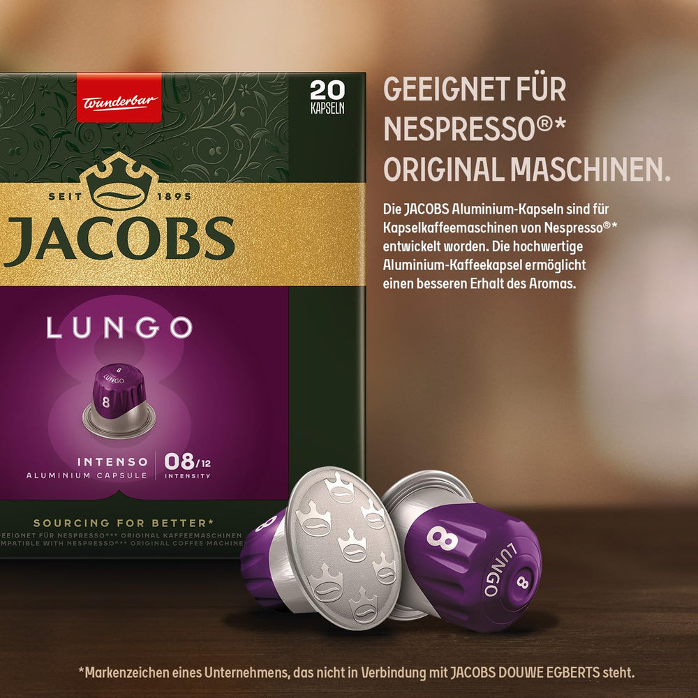 Jacobs Kaffeekapseln Lungo Intenso, Intensität 8/12, 10 x 20 Getränke, Nespresso* kompatible Kaffee Kapseln, 200 Kapseln