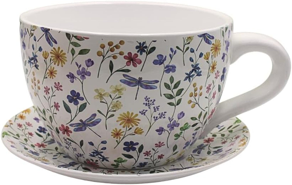 Ghiveci de flori Dekohelden24, jardinieră, ghiveci pentru plante, recipient pentru plante, ghiveci de flori. Ghiveci ceramic în formă de cupă cu mâner, design: lavandă, L/l/Î 25 x 23 x 14 cm.