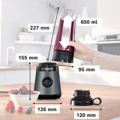 Bosch Mini Robot da Cucina Vitapower Serie 2 MMB2111S, Mixer ad alta velocità, Bis Zu 40.000 Giri/min, Tritan Togo-Flasche 0,6 L, Trinkdeckel, Bruchsicher, Spülmasch.Geeignete Teile, 450W, Argento/Schwarz Kitchen Naty Shop