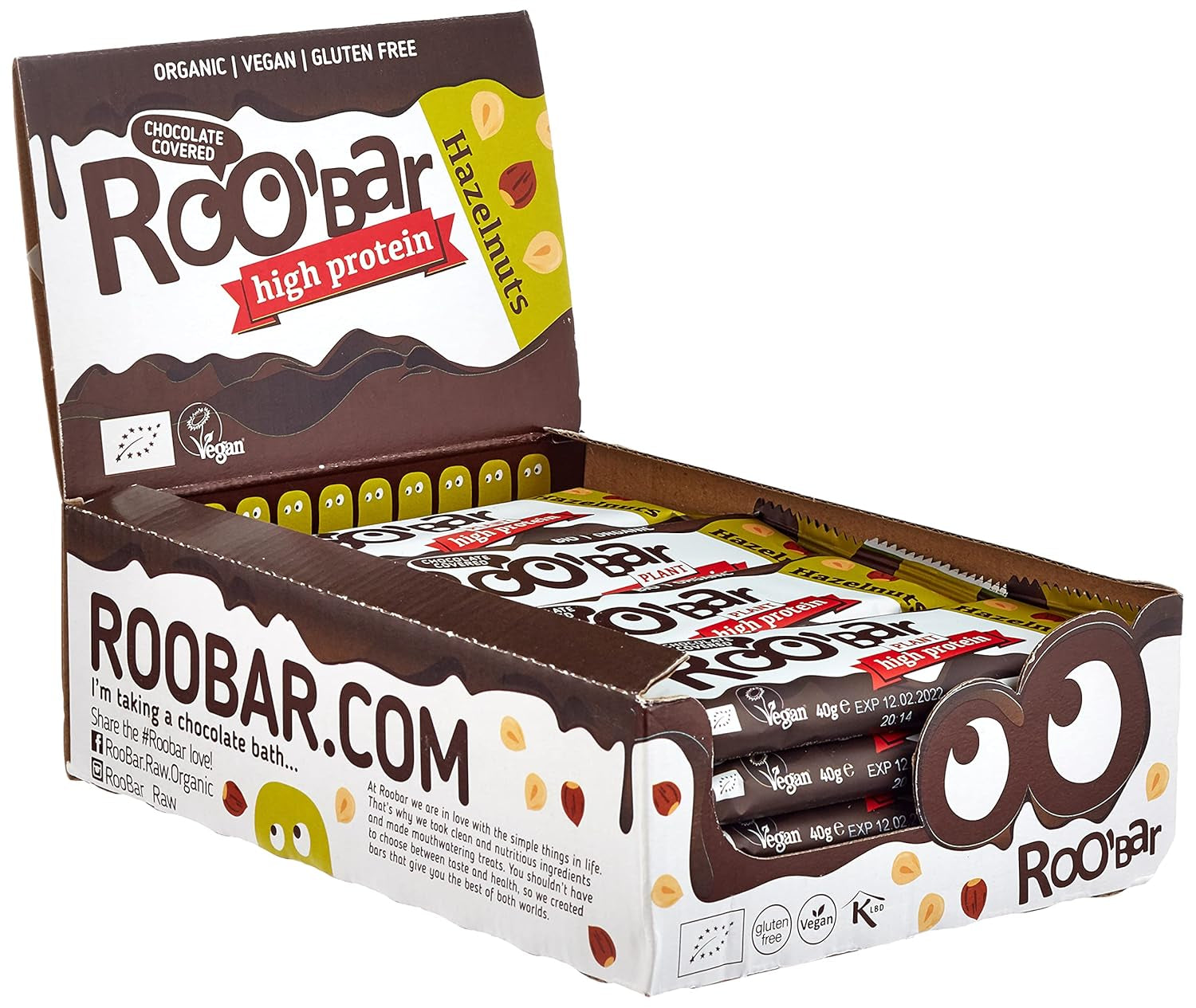 Barrette di nocciole glassate al cioccolato ad alto contenuto proteico - 100% biologiche, vegane, barrette di frutta, senza latticini, senza glutine, senza zuccheri raffinati - 16 barrette x 40g