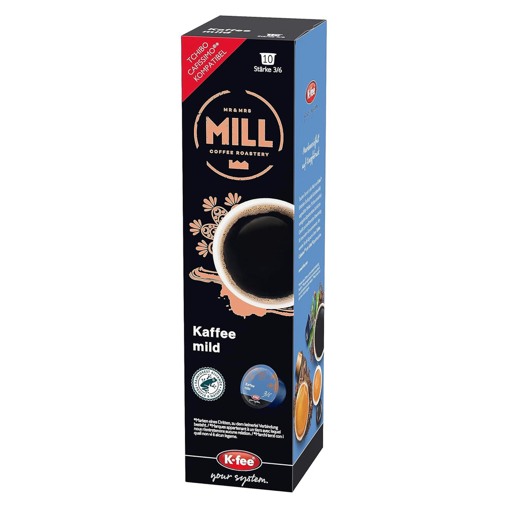 Mr & Mrs Mill Kaffee mild Filterkaffee, kompatibel mit K-fee & Tchibo Cafissimo*, Stärke 3/6, 120 Kaffeekapseln
