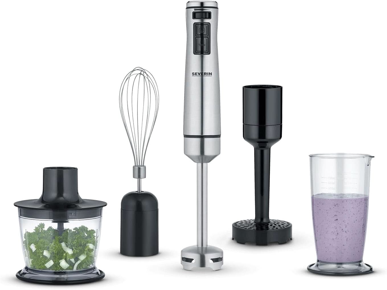 SEVERIN Kabelloser Stabmixer Mit Premium-Set, Abnehmbarer Mixstab, Mit Pürierstab, Multizerkleinerer, Mixbehälter, Kartoffelstampfer & Schneebesen, Schwarz/Edelstahl-Gebürstet, SM 3775 Mother and Child Naty Shop 1.000 W Inkl. Zubehör Premium