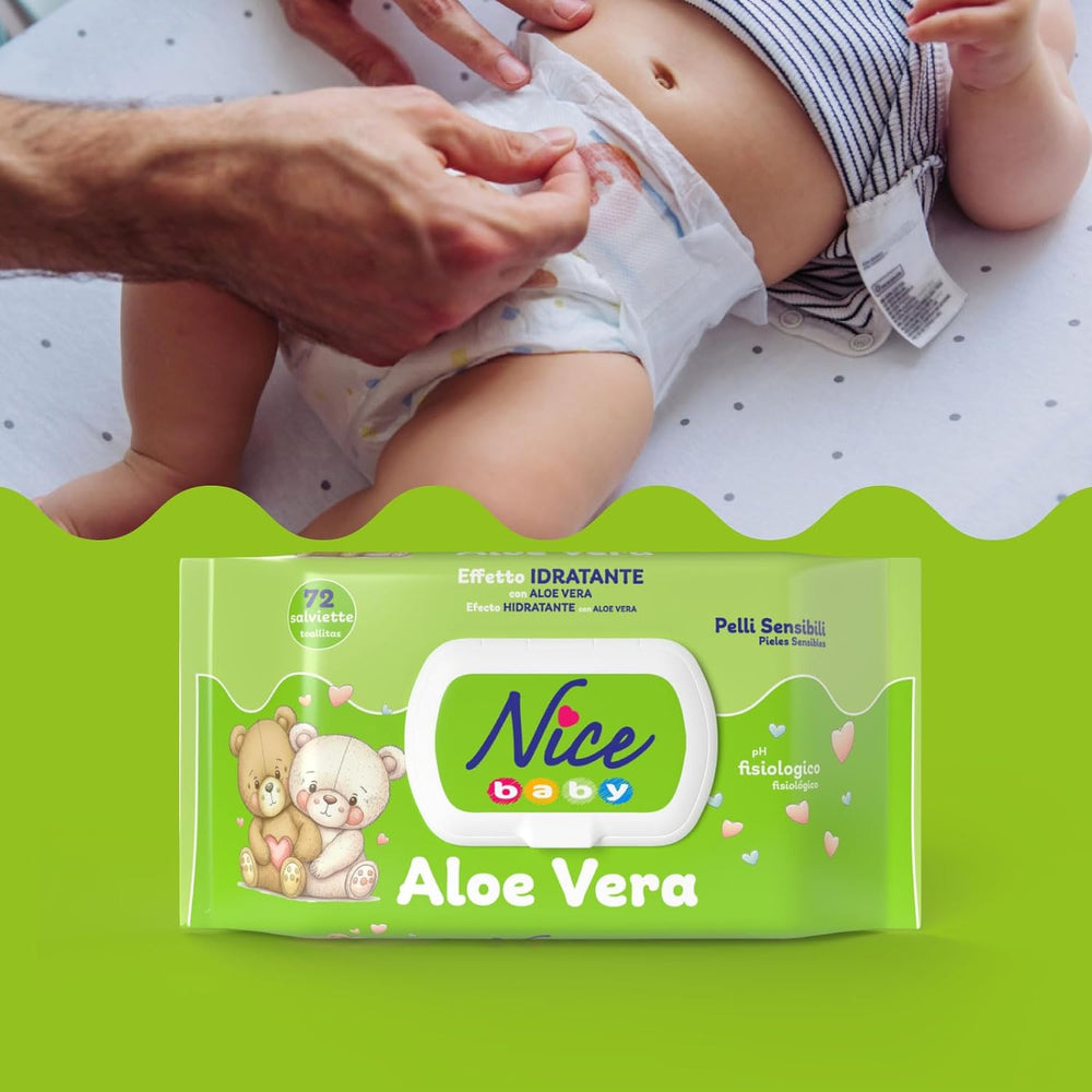 Salviette detergenti per bambini e neonati - con aloe vera e olio di argan - dermatologicamente testate - valore pH fisiologico - formato maxi: confezione da 72 salviette - Nice