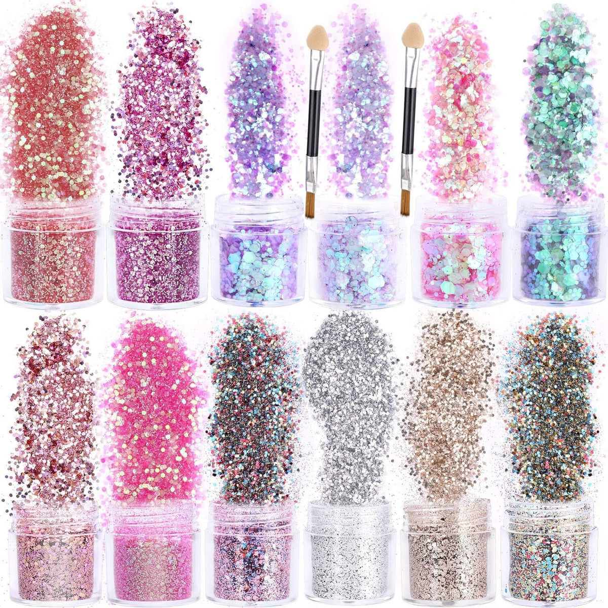 HOWAF 12 cutii cu sclipici pentru unghii, față, corp cu pensulă, paiete machiaj, sclipici pentru unghii, ochi, buze, păr, corp, decorare, Halloween, Crăciun, festival, bal mascat, accesorii machiaj