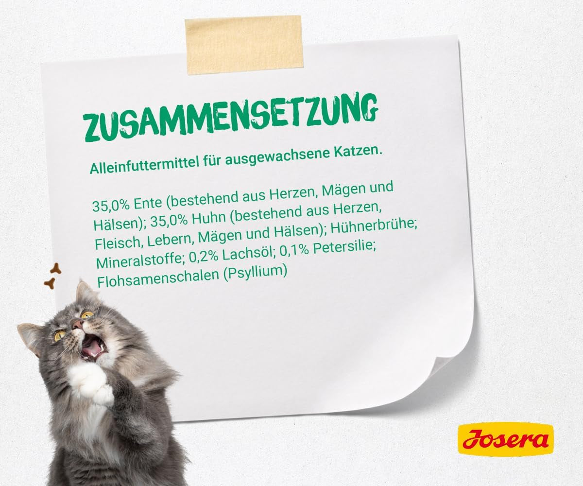 JOSERA Pateu de rață și pui cu pătrunjel (16 x 85 g) | Adult | Hrană umedă premium pentru pisici adulte | Pateu de rață și pui | Ulei de somon | Fără cereale | Hrană umedă pentru pisici în pliculețe proaspete | Pachet de 16