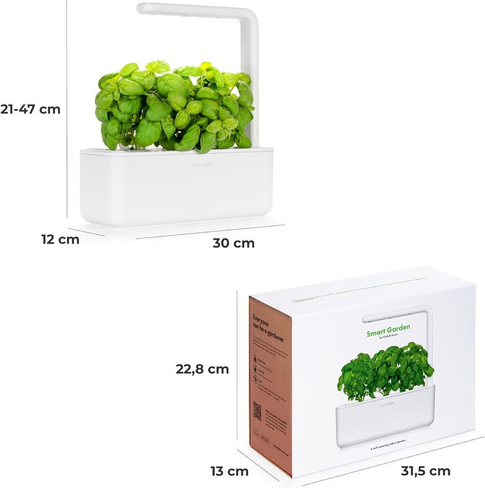 Growbox Click and Grow, Giardino Intelligente, Più Facile del Sistema di Coltivazione Idroponica, Giardino per Interni, Giardino delle Erbe, Serra per Interni con 3 Capsule di Piante Incluse, Bianco