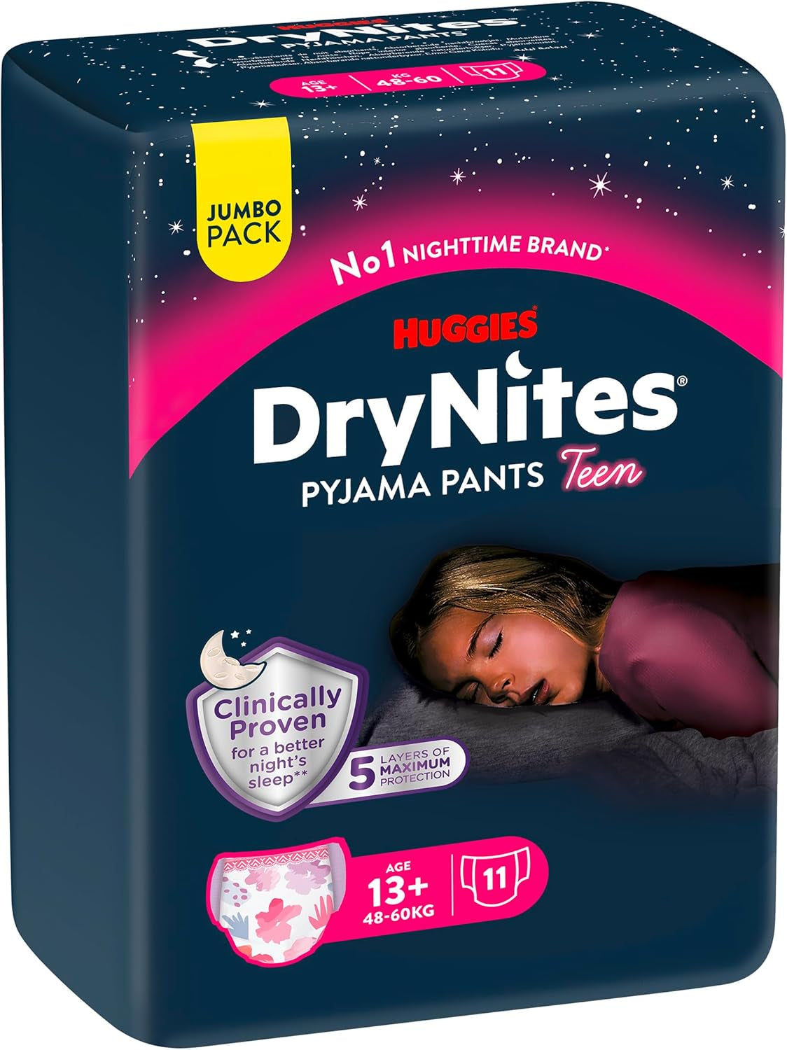 Huggies DryNites Pannolini per l'enuresi notturna per ragazze 13-circa 17 anni (48-60 kg) 33 pezzi (3 x 11) Confezione mensile Jumbo Slip per pannolini XL
