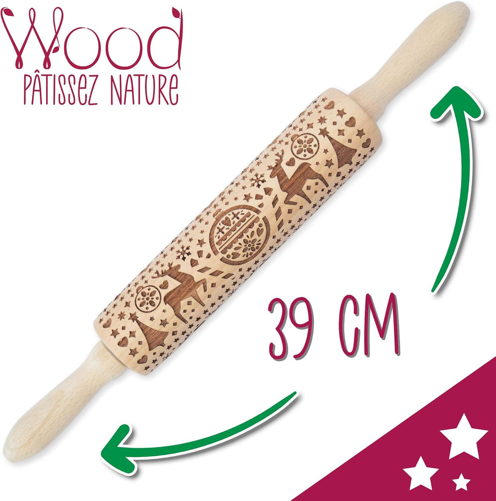 Scrap Cooking Teigrolle aus Holz "Xmas" mit weihnachtlichen Motiven – Prägerolle mit gepfragten Verzierungen für Kekse – Decorativo Zubehör – 5242