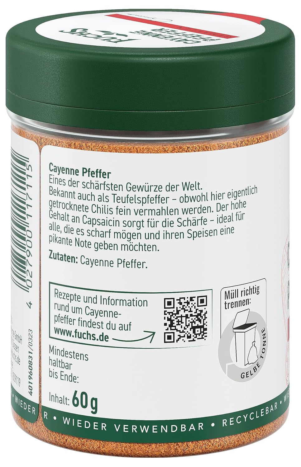 Fuchs Gewürze - Pepe di cayenna gemahlen - per einen scharfen Geschmack in tutti i tipi di piatti - ingredienti naturali - 60 g in wiederverwendbarer, recyclebarer Dose