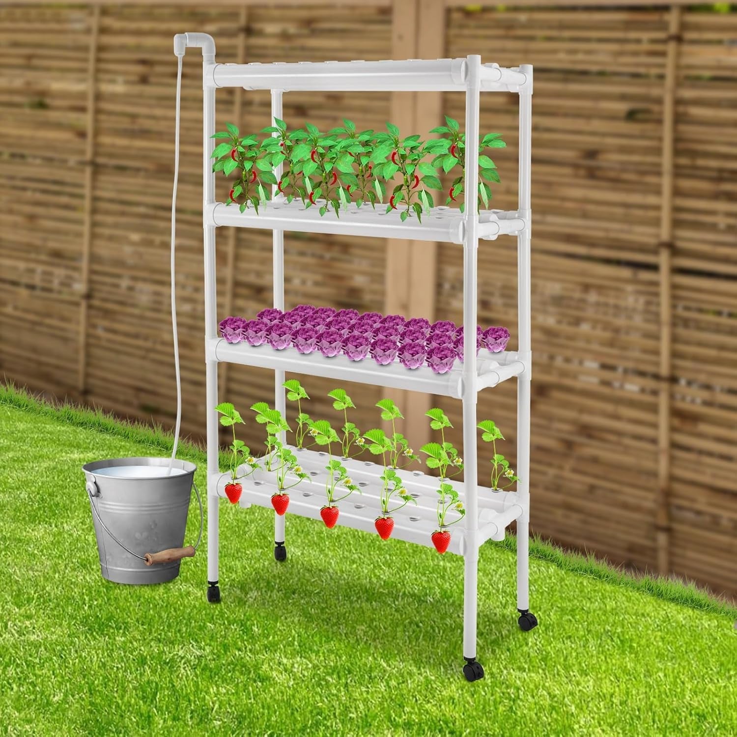 Kit de cultivare hidroponică cu 108 locuri de plantare, 4 niveluri cu pompă de apă. Sistem de cultivare hidroponică fabricat din țevi din PVC-U de calitate alimentară pentru acasă, balcon, grădină și legume de pe balcon.