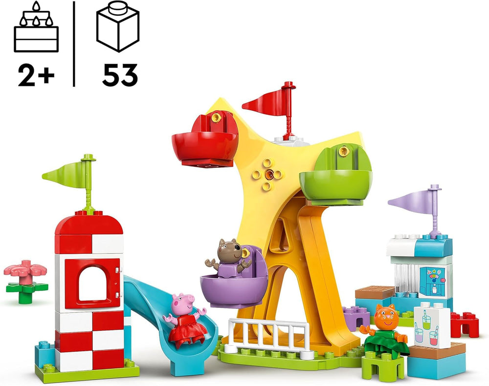 LEGO DUPLO Luna Park di Peppa Wutz - Giocattoli per bambini e giocattoli per la motricità dai 2 anni in su - Giochi prescolari con grande ruota, scivolo e 3 personaggi tra cui Mollie Kitty e Klausi Kläff - Regalo per bambini 10453 Set di costruzione Besuche den LEGO-Store
