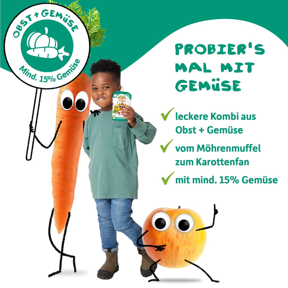 FRECHE FREUNDE busta di frutta spremibile biologica con mele, banane, spinaci e cetrioli, purea di frutta e verdura in busta spremibile per bambini a partire da 6 mesi, vegana, confezione da 6 (6 x 100 g)