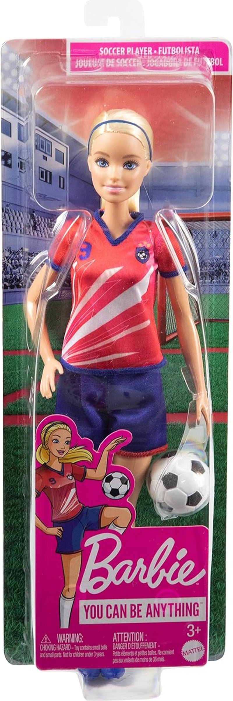 Barbie You Can Be Anything Serie, Fußballspieler, Fußballspieler mit blonden Haaren, rotem und blauem Trikot, Ball, Zubehör, inkl. Puppe, Geschenk für Kinder ab 3 Jahren,HCN17