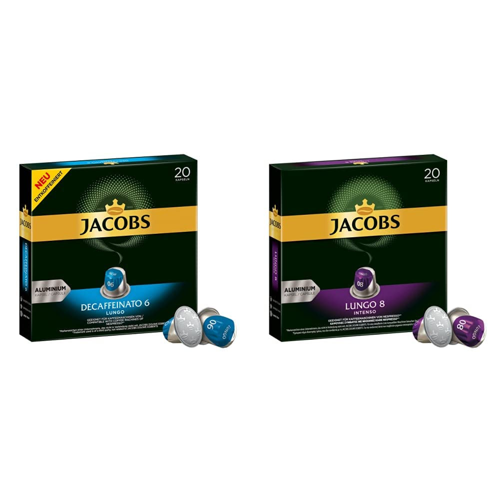 Jacobs Kaffeekapseln Lungo Decaffeinato- Intensität 6, 10er Pack, 10 x 20 Getränke & Kaffeekapseln Lungo Intenso, Intensität 8 von 12, 200 Nespresso®* kompatible Kapseln, 10 x 20 Getränke