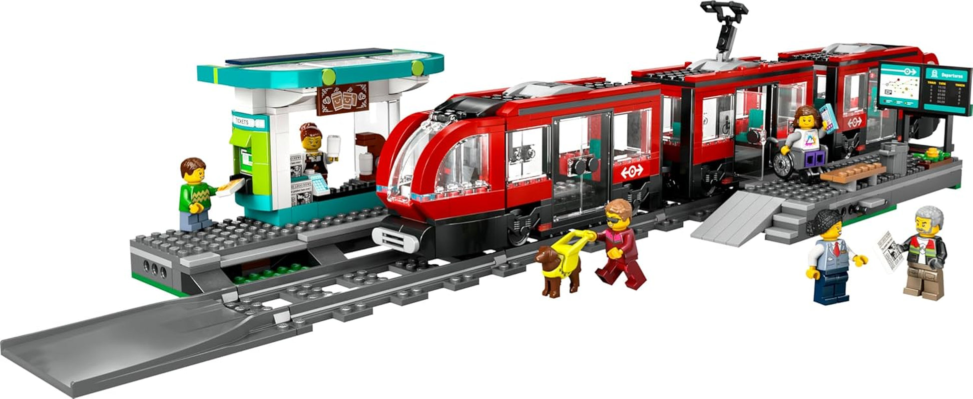 Tram LEGO City con stazione, idea regalo per gli appassionati di veicoli a partire dai 7 anni, con 6 minifigure e un cane guida per giochi di ruolo, giocattolo costruibile 60423 Set da costruzione Besuche den LEGO-Store
