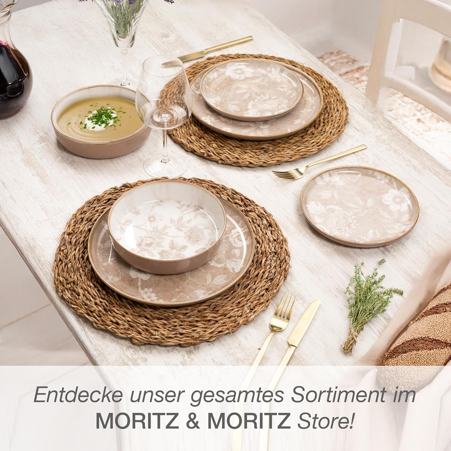 Set de veselă din gresie Moritz & Moritz MARIELLA pentru 6 persoane, 24 de piese - Veselă modernă bej cu un design jucăuș, serviciu de cafea ușor de întreținut cu farfurii, boluri și cești - Set combinat