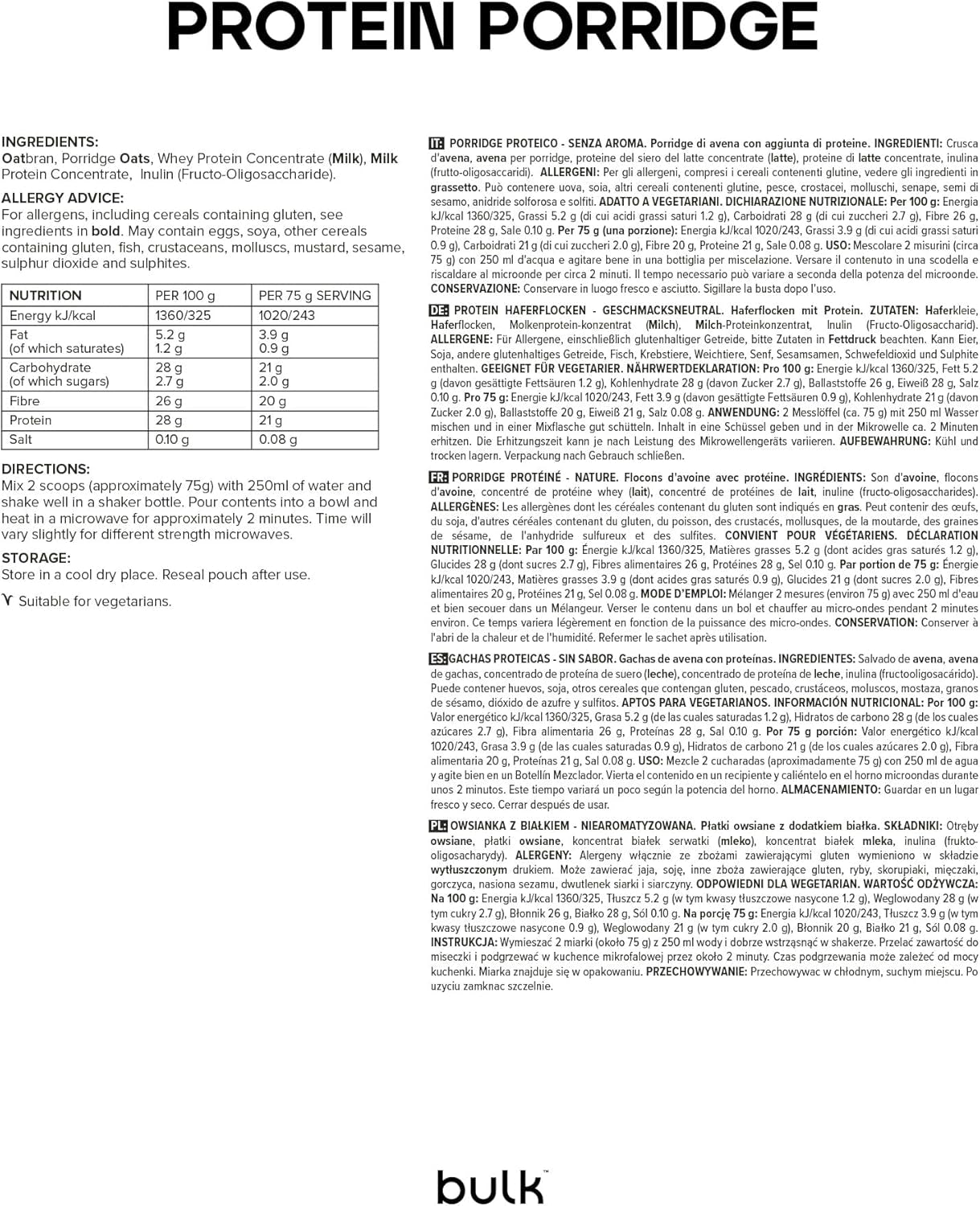 Farina d'avena proteica completa, sfusa, farina d'avena ad alto contenuto proteico, siero di latte, alto contenuto di fibre, porridge proteico, non aromatizzato, 1 kg