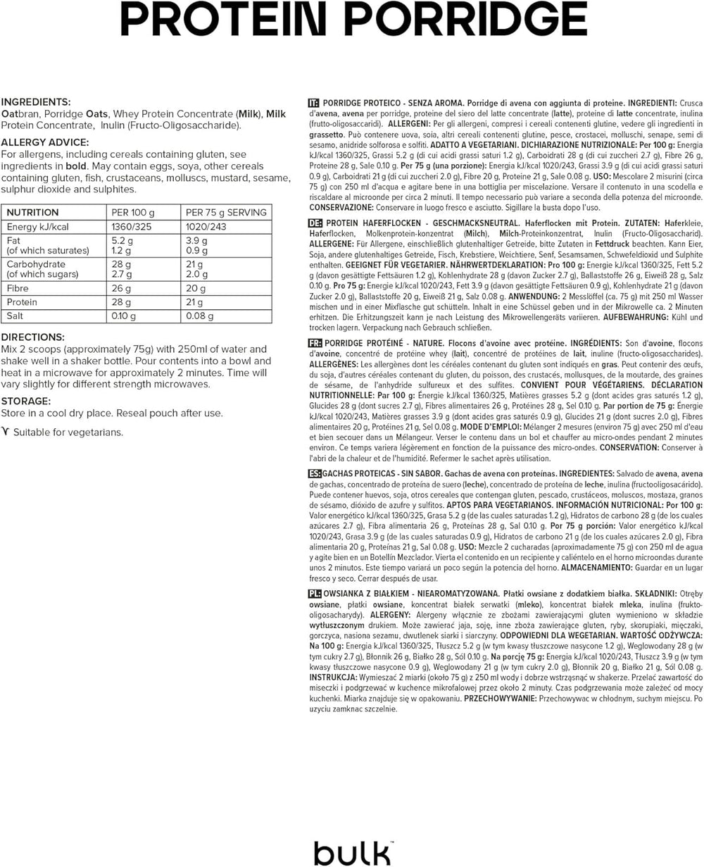 Farina d'avena proteica completa, sfusa, farina d'avena ad alto contenuto proteico, siero di latte, alto contenuto di fibre, porridge proteico, non aromatizzato, 1 kg