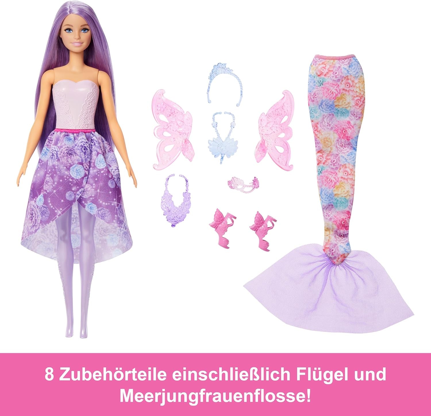 Barbie 3-in-1 Fantasie Puppe, Spielset mit 8 Accessoires inklusive Meerjungfrauen-Schwanzflosse, Feenflügen, königlichen Ketten, Schuhen un vielem mehr für über 10 Verschiedene Looks, JCP74