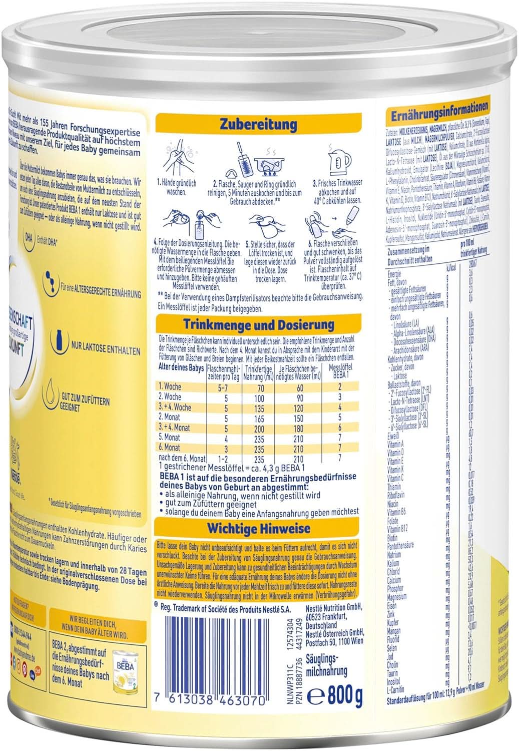 BABY 1 latte iniziale dalla nascita, solo lattosio, senza olio di palma, confezione 3 (3 x 800 g) Mamma e Bambino Naty Shop