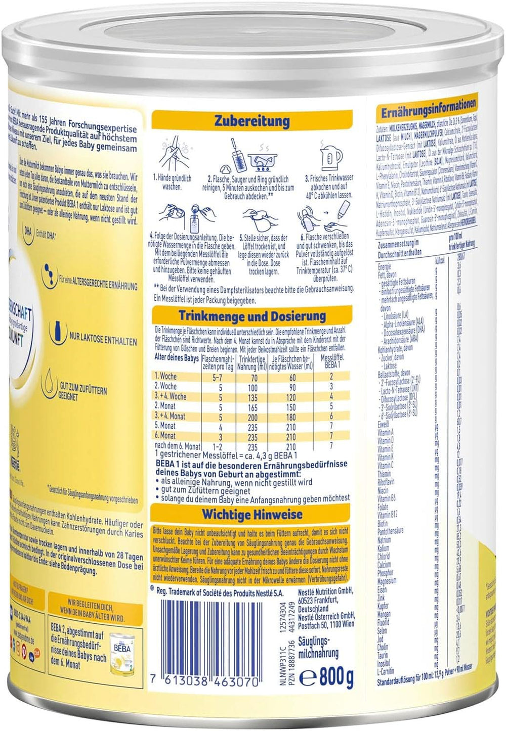 BABY 1 latte iniziale dalla nascita, solo lattosio, senza olio di palma, confezione 3 (3 x 800 g) Mamma e Bambino Naty Shop