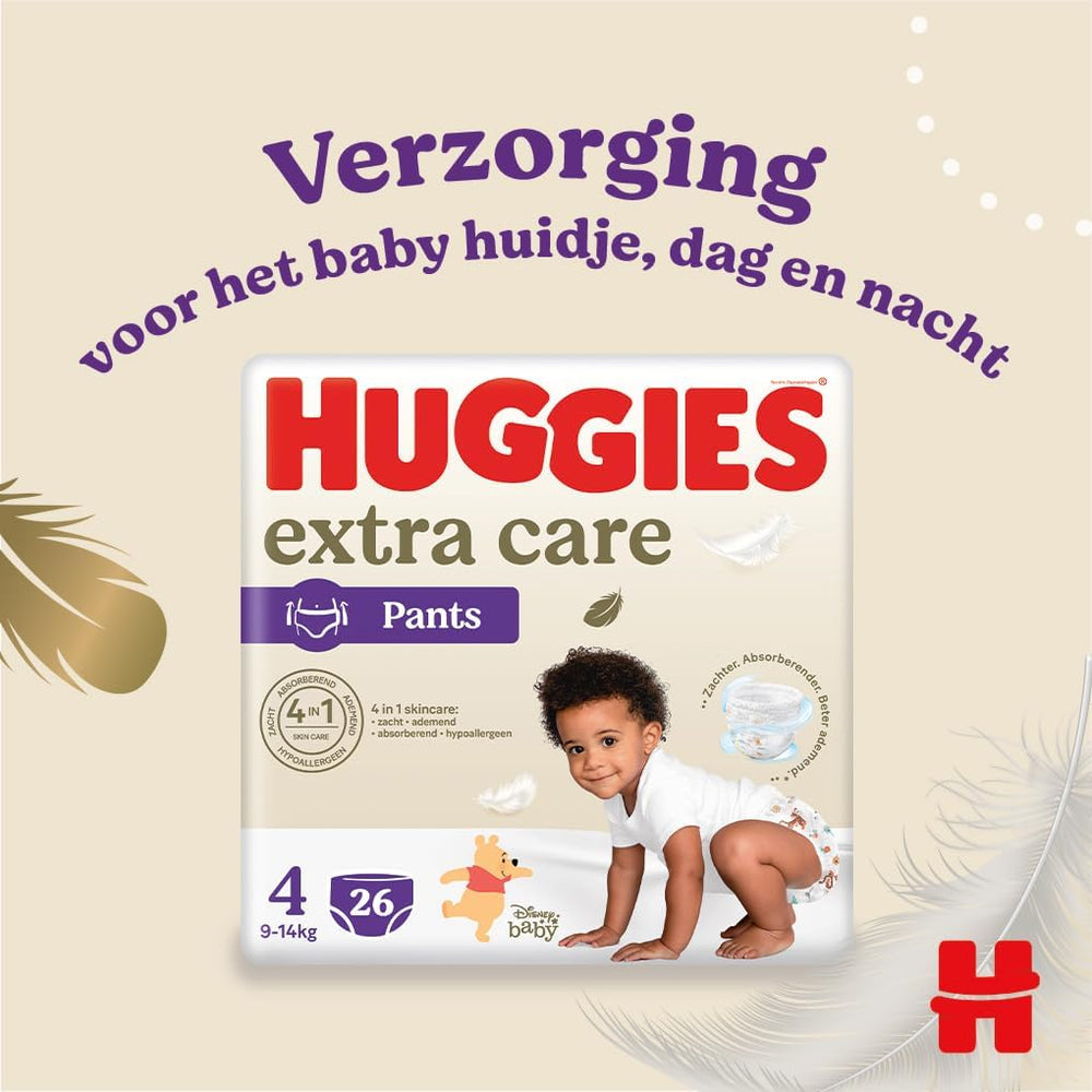 Pannolini Huggies Extra Care Taglia 4 (9-14 kg), 4 pacchi da 26 pannolini - 4280 g