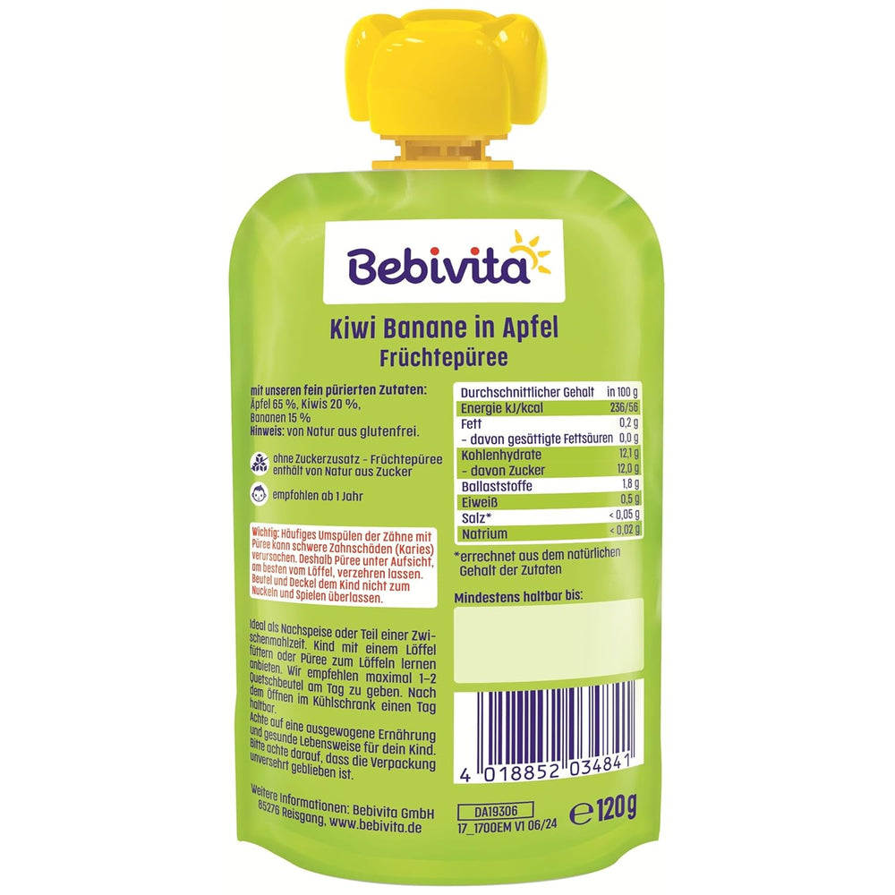 Kiwi Banane in Mela Quetschie (6 x 120g), senza zucchero, senza glutine, ideale per snack unterwegs e selbständiges