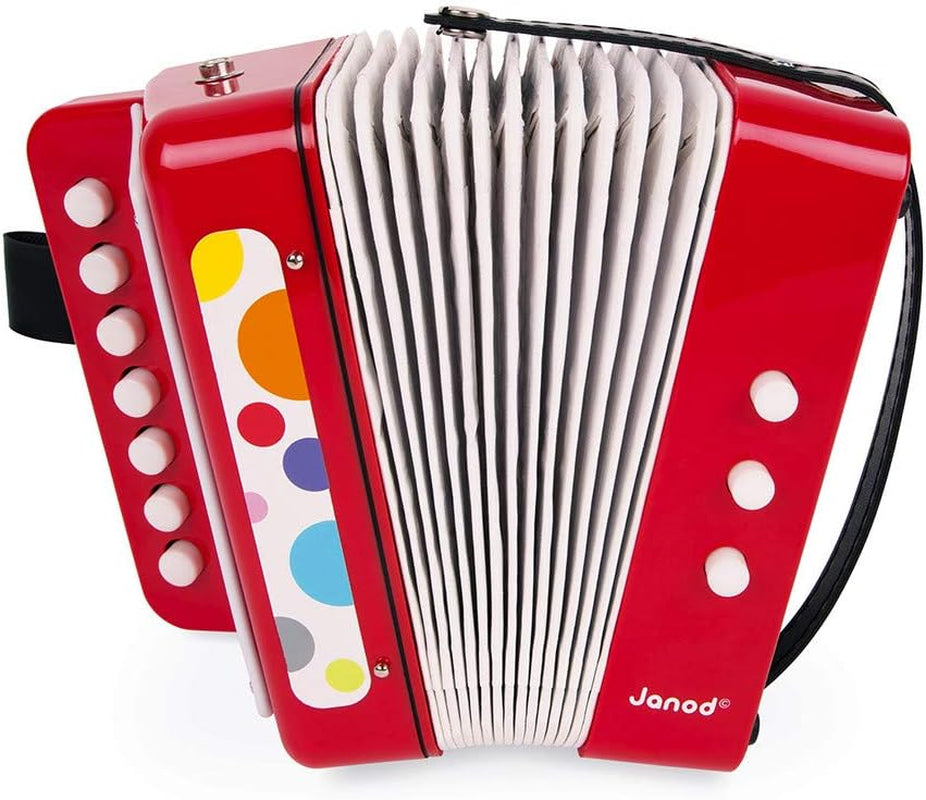 Janod - Acordeon Confetti, instrument muzical pentru copii, replică de jucărie și jucărie pentru percepție muzicală, curea de prindere, roșu, de la 3 ani, J07620 Jucarii Bebe Naty Shop