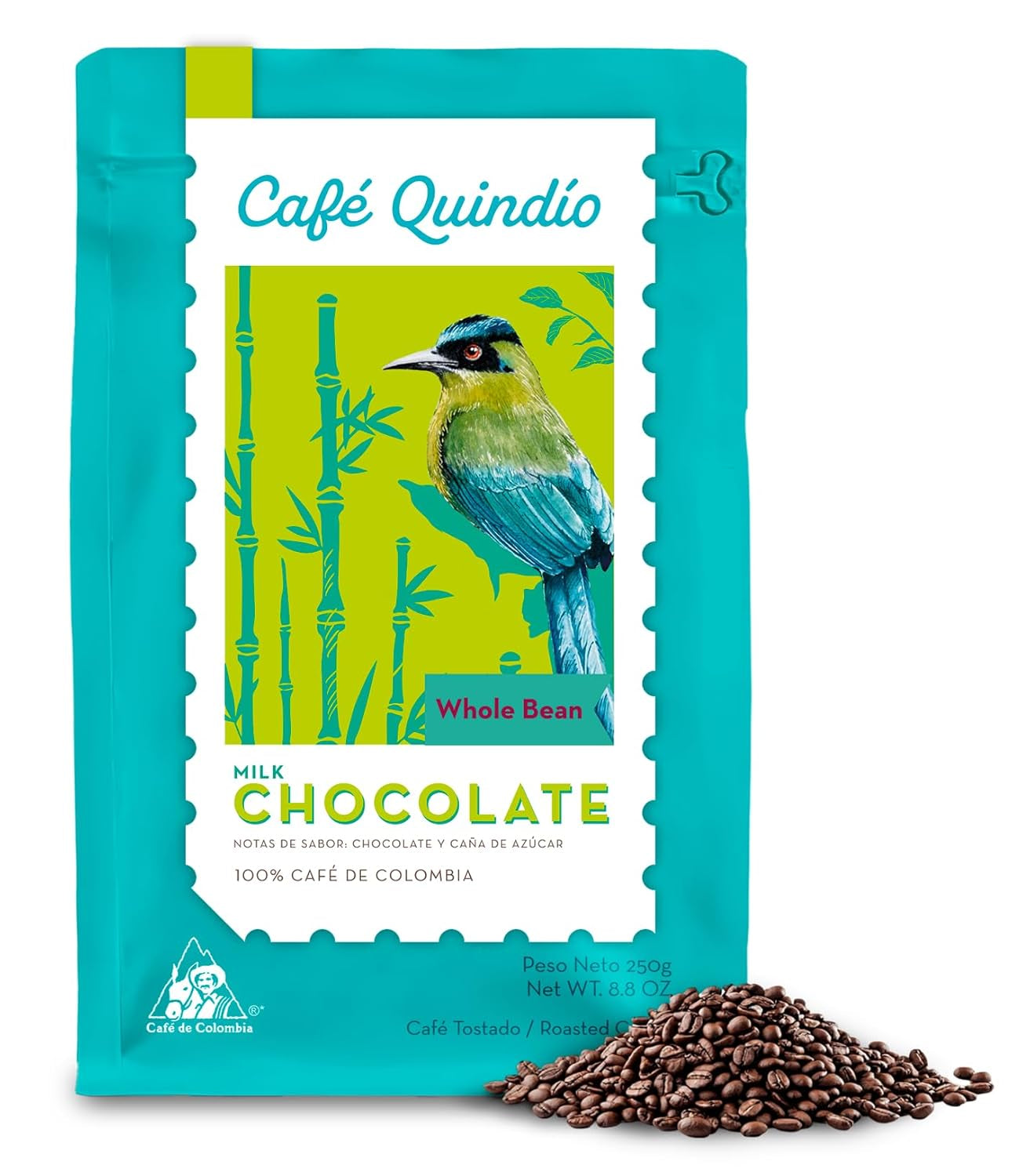 Cafe Quindio Specialty Coffee - boabe de cafea 100% Arabica, Columbia - cu note naturale de aromă de ciocolată cu lapte (250g) - ideală pentru cafea filtrată, aparate portafilter sau aparate de cafea complet automate