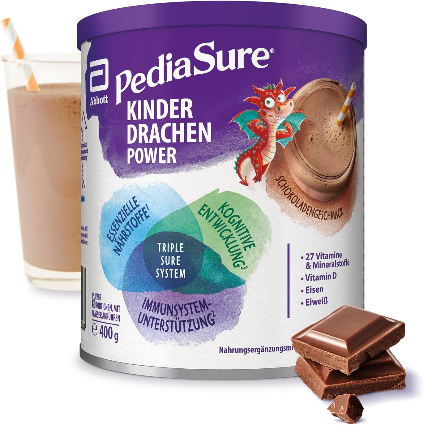 Pediasure Kids Dragon Power Cioccolato 400g | Frullato delizioso come integratore alimentare per bambini a partire da 1 anno | Con 27 vitamine e minerali, proteine ​​e complesso triplesure | L'imballaggio può variare