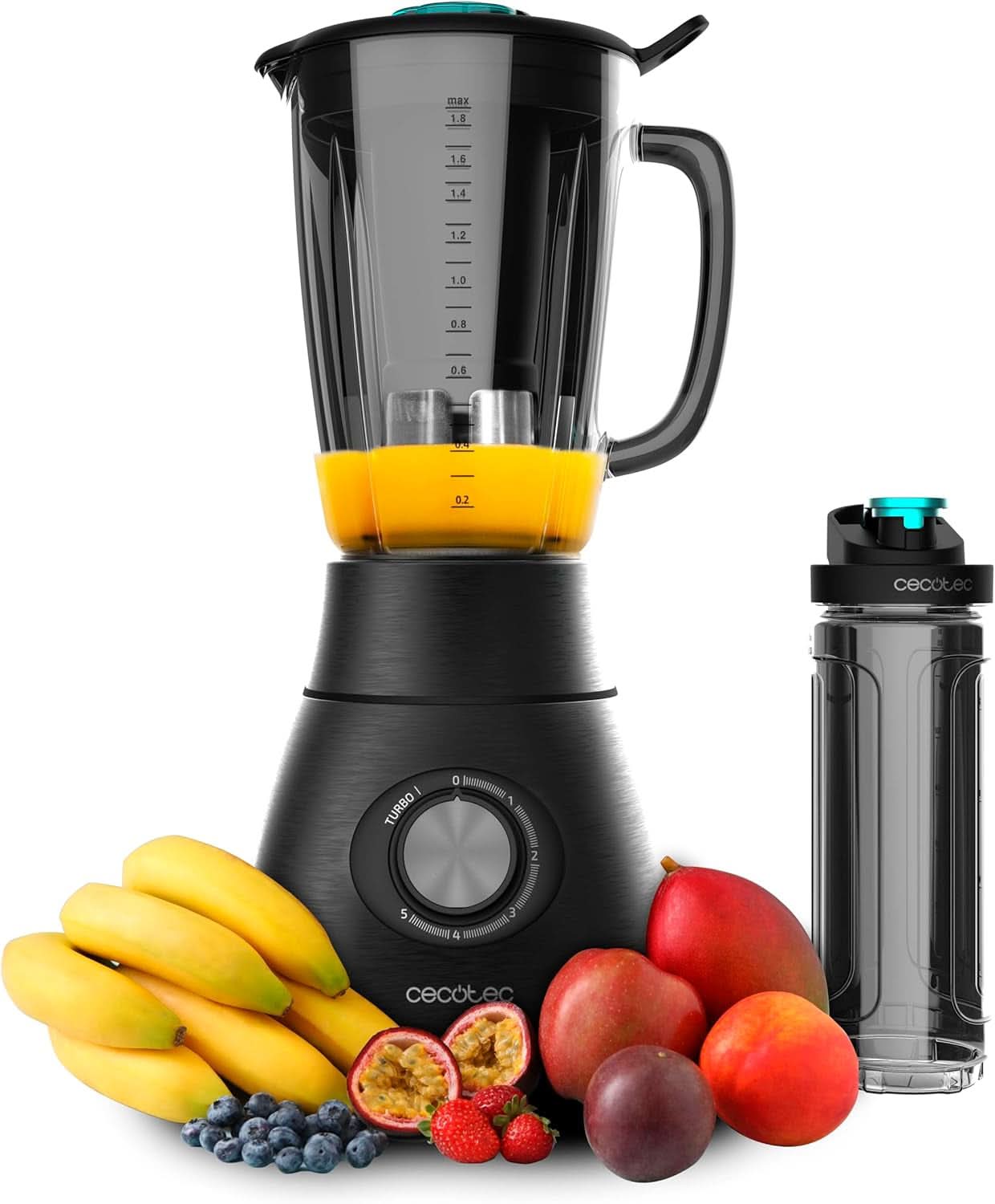 Cecotec Standmixer Power Black Titanium 2200MAX Smooth, 2200 W Maximale Leistung, 6 Klingen Aus Edelstahl, Ice-Crush-Funktion, Turbo- Und Smoothie-Funktion, Autoclean-Funktion Bucatarie Naty Shop Schwarz 2500 W | 1,8 L + Tragbare Flasche