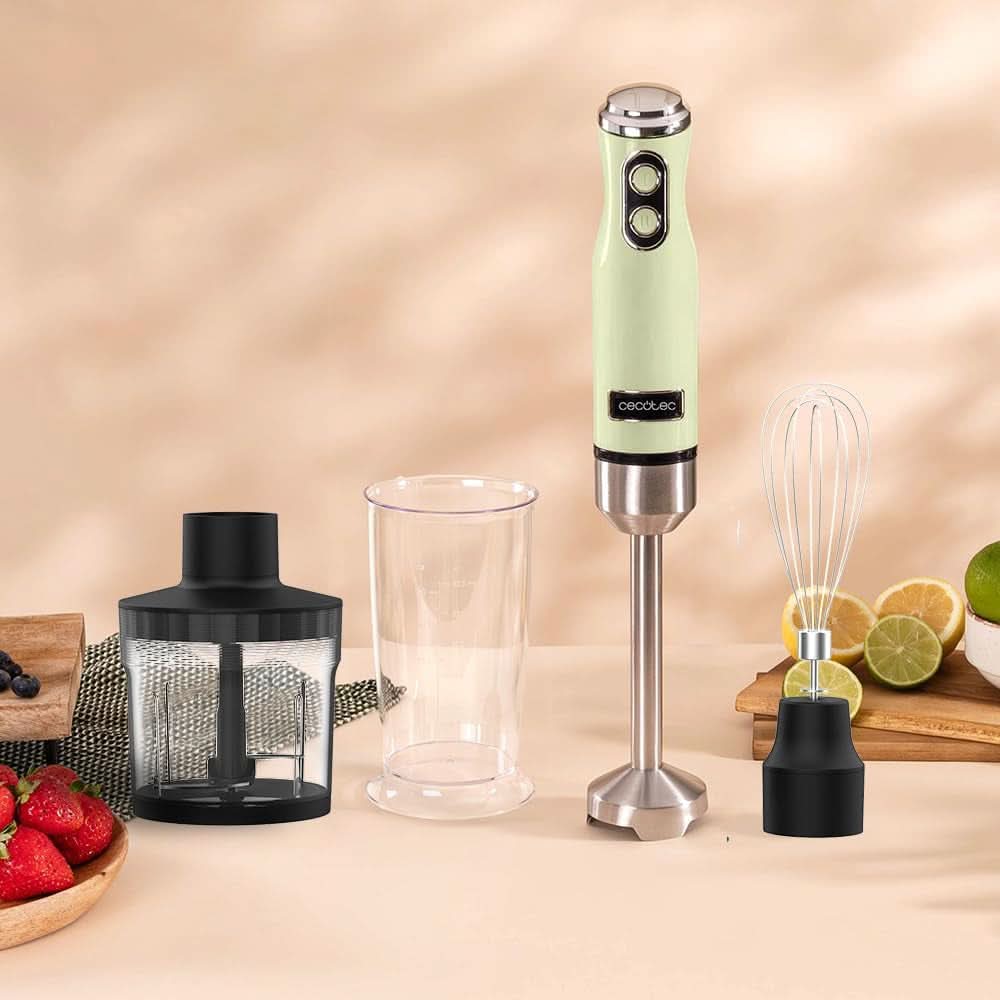 Cecotec Stabmixer Power Retrogreen 1200MAX Cream&Crush, Maximalleistung 1200 W, Tecnologia Crossblades, 2 velocità, Zubehörset Spülmaschinenfest, Spritzschutzhaube Kitchen Naty Shop