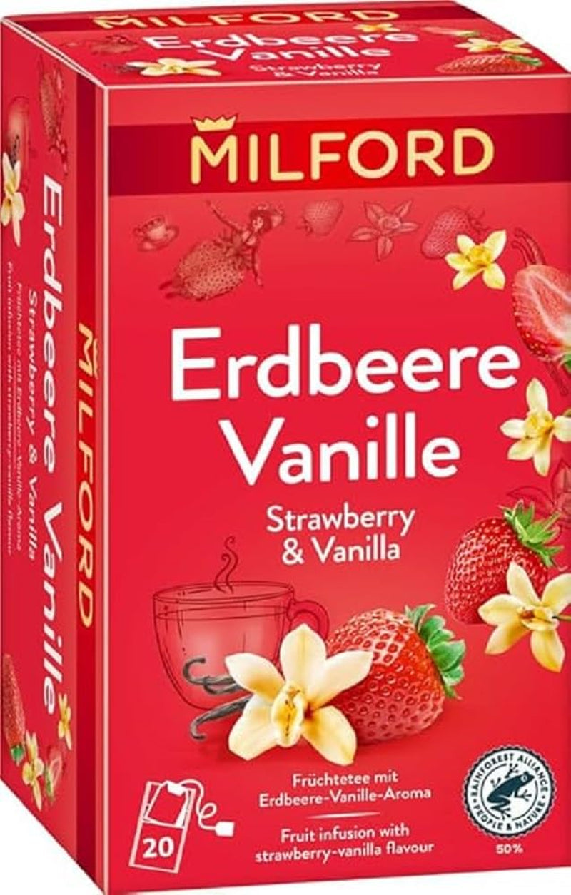 MILFORD Căpșuni și vanilie | Ceai de fructe cu aromă de căpșuni și vanilie | 20 pliculețe