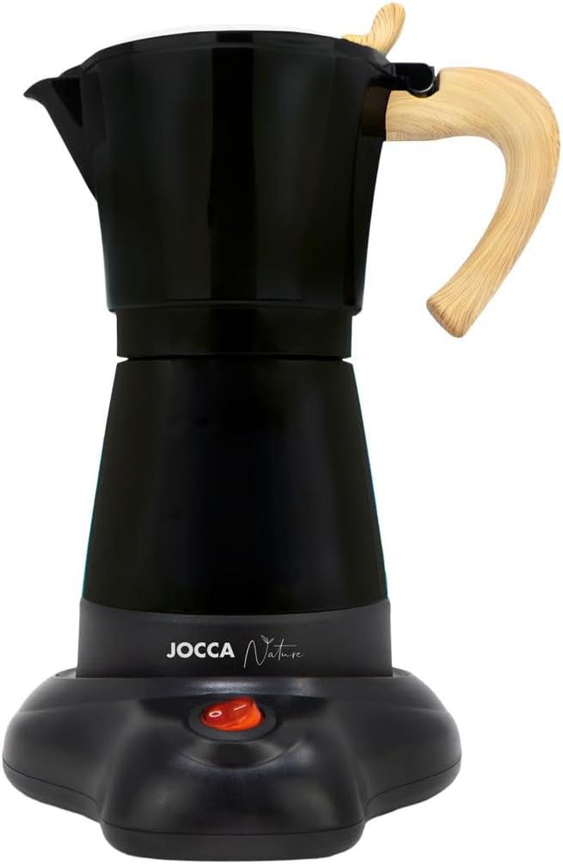 Cafetieră electrică italiană Jocca, aluminiu, 6 cești, cafetieră portabilă și manuală cu mâner din lemn, neagră, stil mocha