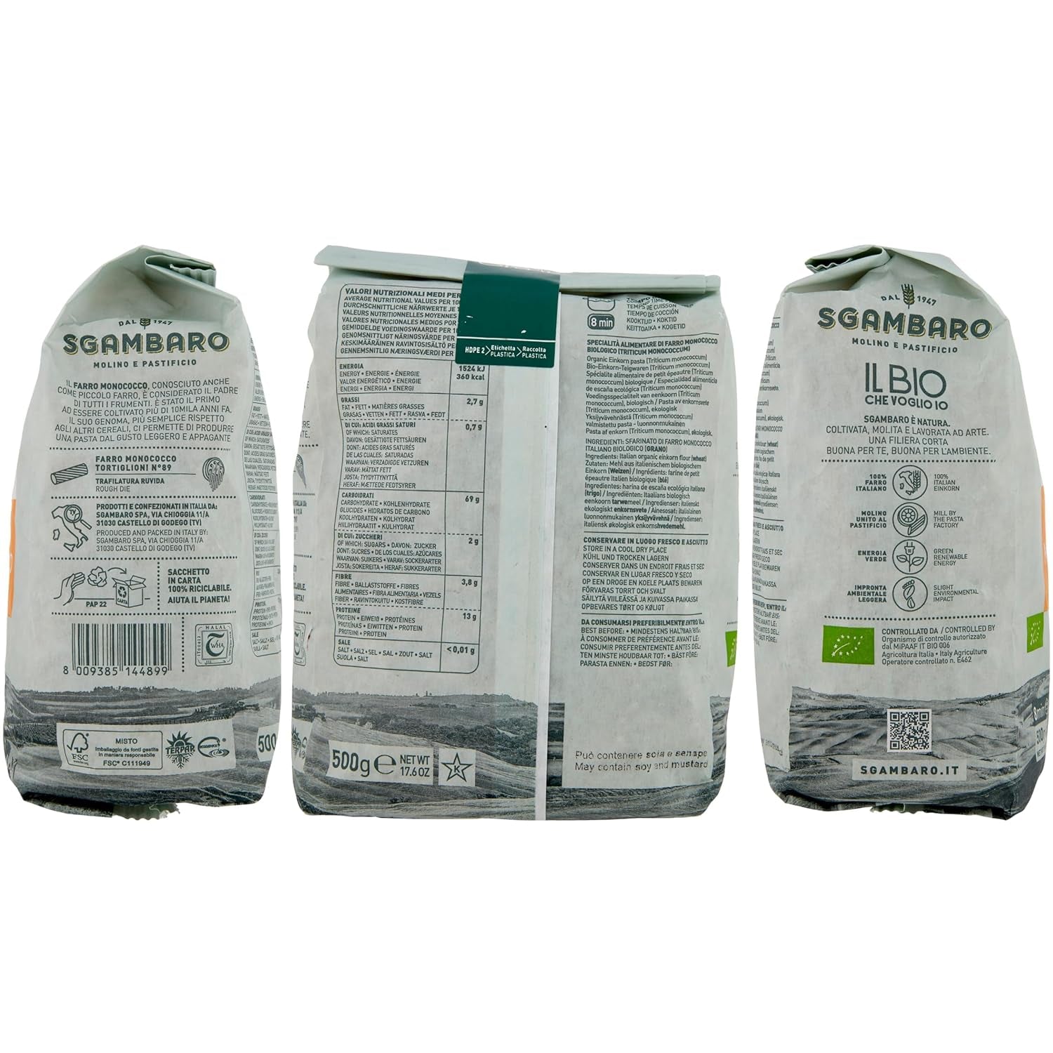 Tortiglioni Biologici Nr. 89 - 500g Pasta di grano tenero magro – Basso contenuto di grassi – Fonte di fibre e proteine