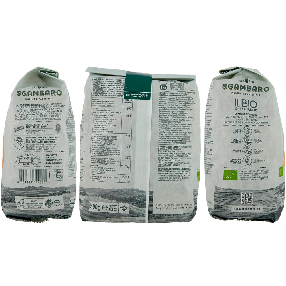 Tortiglioni Biologici Nr. 89 - 500g Pasta di grano tenero magro – Basso contenuto di grassi – Fonte di fibre e proteine