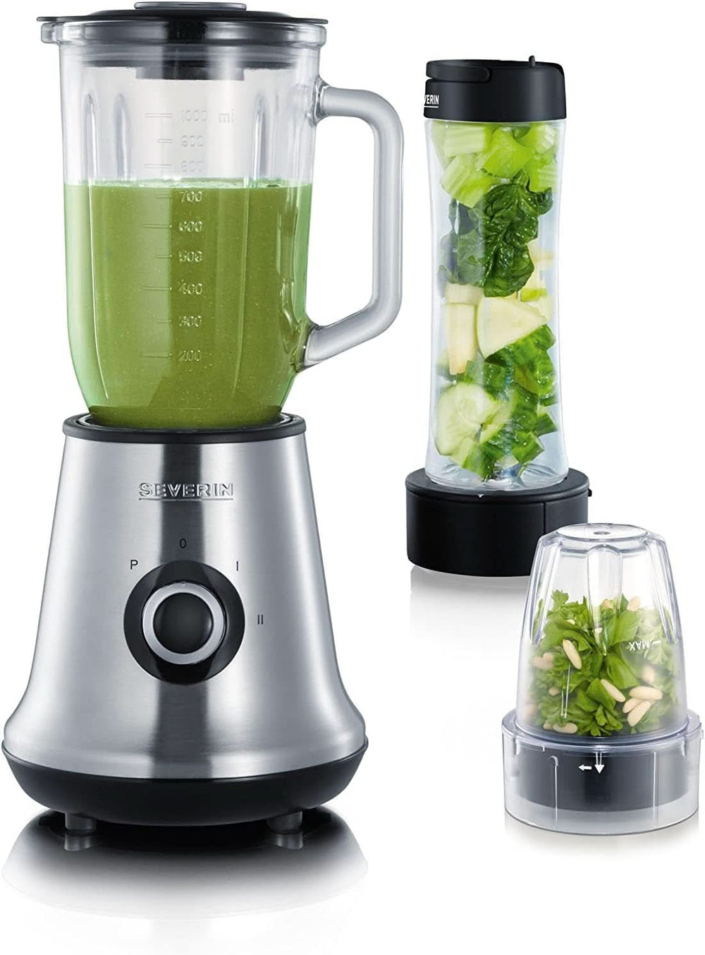 SEVERIN Multimixer, 2-In-1 Stand Mixer Und Smoothie Maker Mit 1 L Glas-Mixbehälter Und Trinkbecher, Küchenmixer Mit 2 Stufen Und Pulse-Funktion, 500 W, Edelstahl/Schwarz, SM 3737 Mama si Copilul Naty Shop Single Inkl. Mix Go Flasche + Mühle