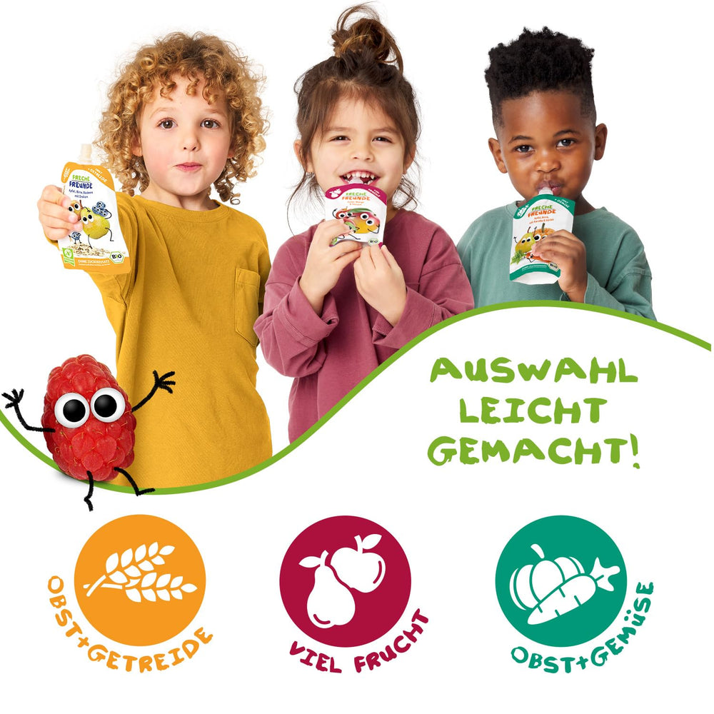 FRECHE FREUNDE sacchetto di frutta spremibile biologico con mele, fragole, barbabietola rossa e carota, purea di frutta e verdura in sacchetto spremibile per bambini a partire da 6 mesi, vegano, confezione da 6 (6 x 100 g)