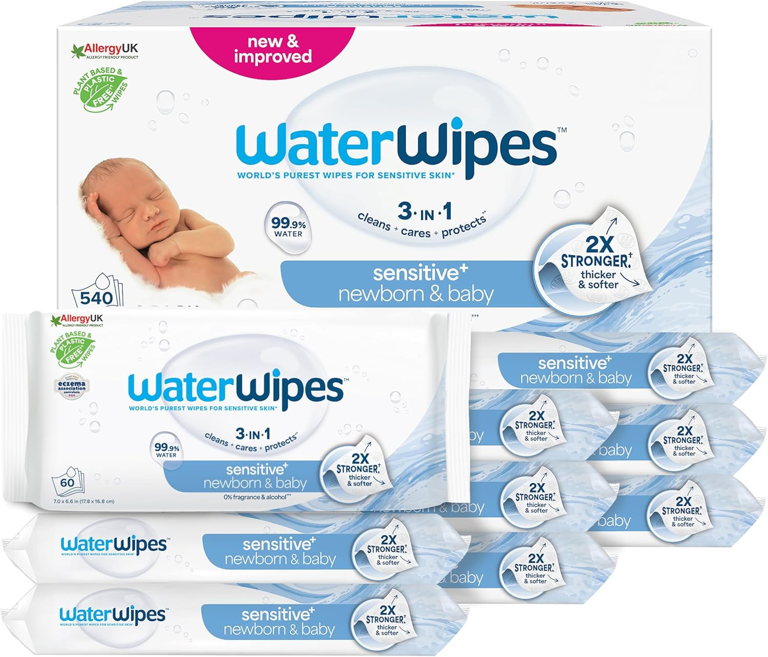 Salviette umidificate WaterWipes Sensitive+ per neonati e bambini, 540 pezzi (9 confezioni), pulizia 3 in 1, cura, protezione, 99,9% acqua, senza profumo