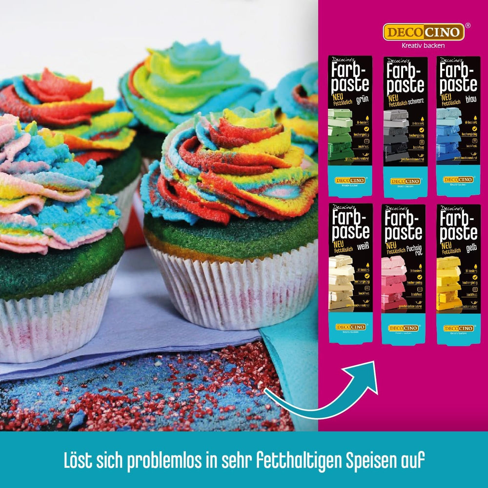 Decocino Pastă de colorare liposolubilă Set de 6 – 6 x 15 g – Coloranți alimentari în roșu, alb, verde, galben, albastru și negru, ideali pentru colorarea prăjiturilor, fondantului și cremelor – Fără azo și gluten