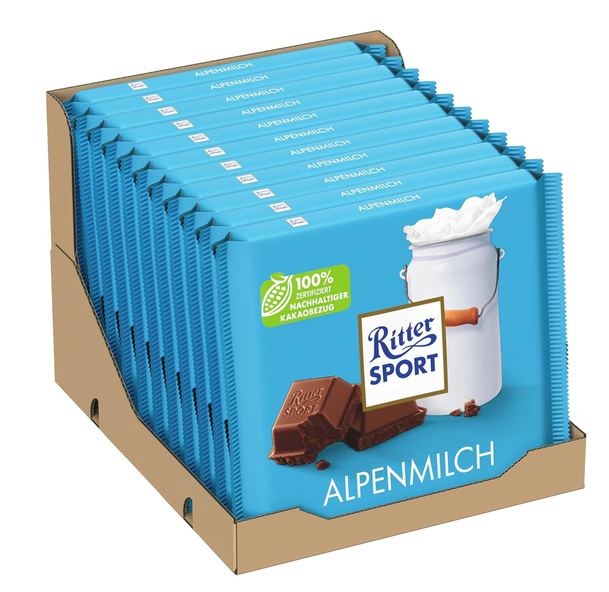 Ritter Sport 250g Cioccolato al latte alpino, Il miglior cioccolato al latte intero dal gusto cremoso, Cioccolato classico da condividere con gli amici, 11 barrette x 250g